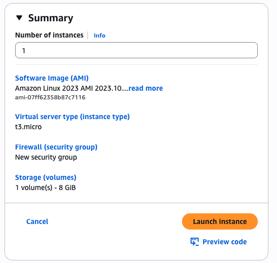 Amazon Linux software image, t3.micro virtual server, new security group for firewall, 1 storage volume