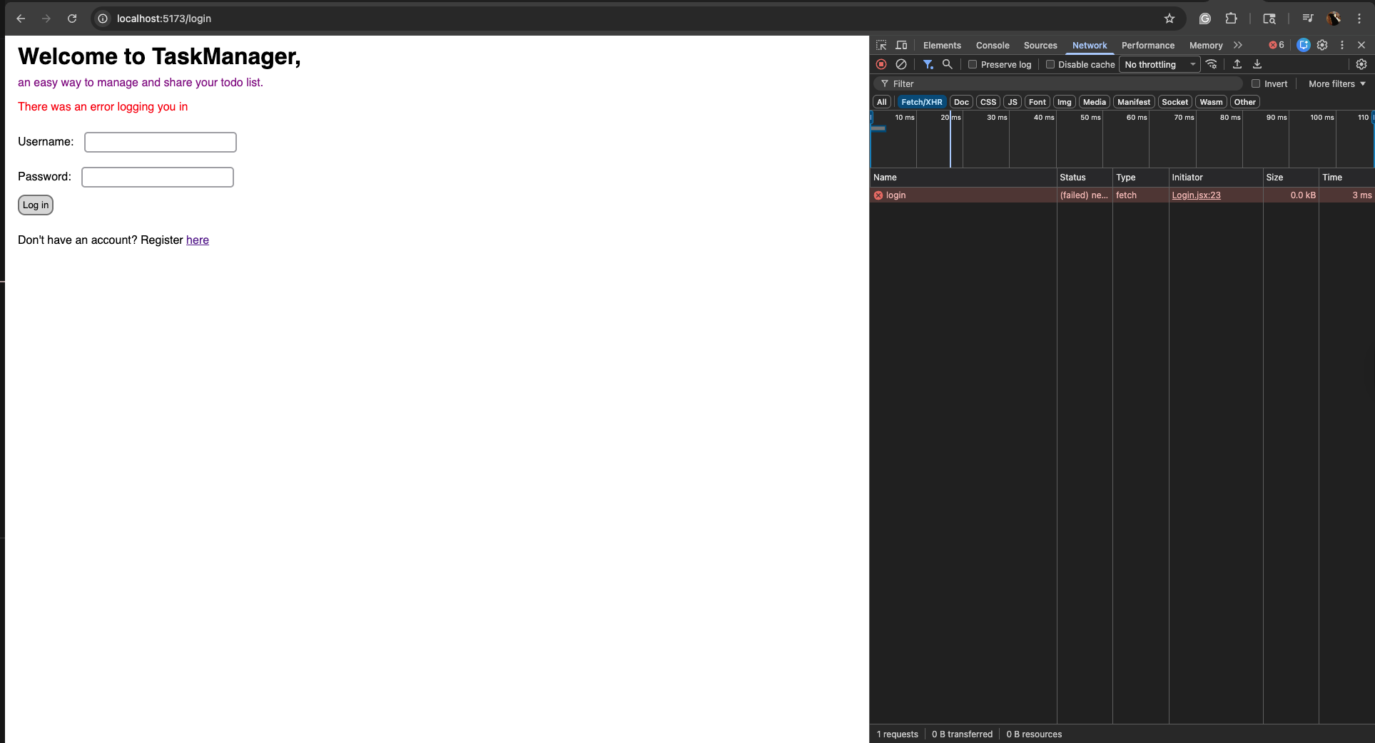 The failed login request in the network tab of chrome dev tools