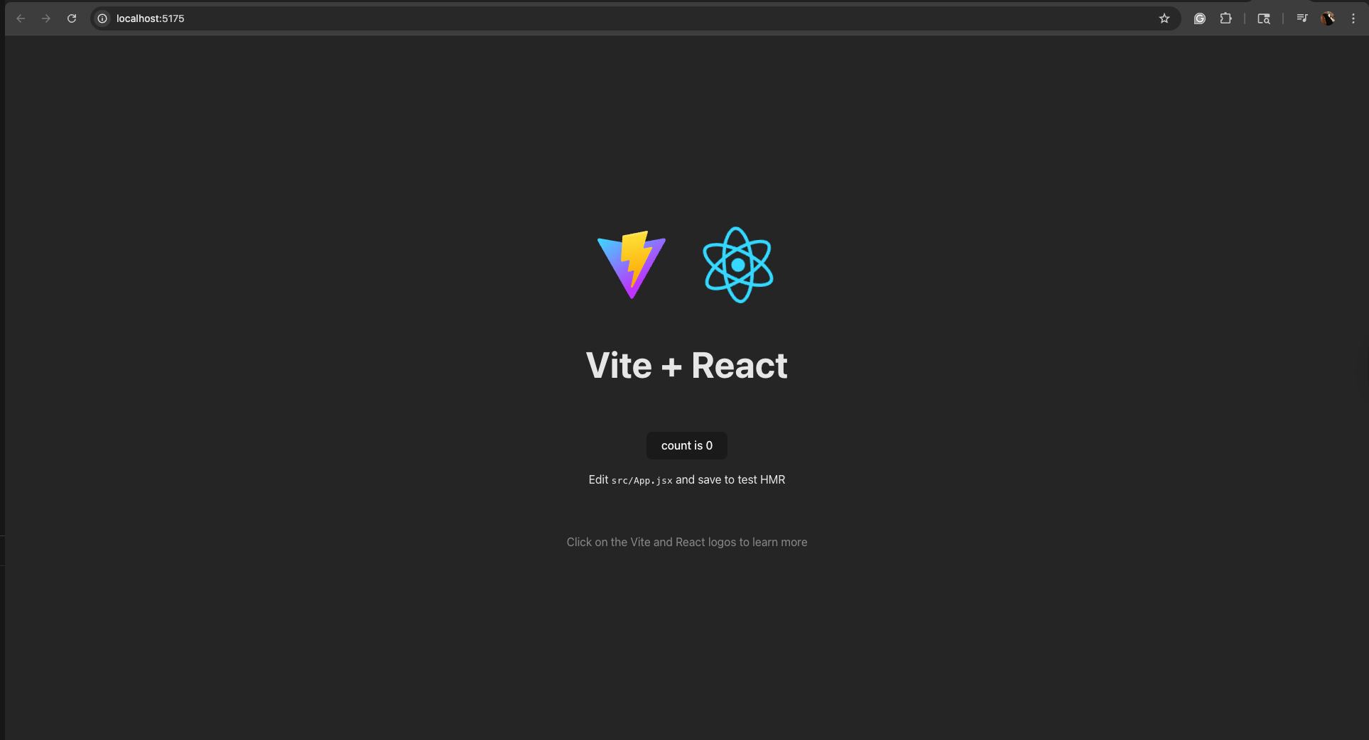 Vite logo and React Logo, with Vite + React text and counter component