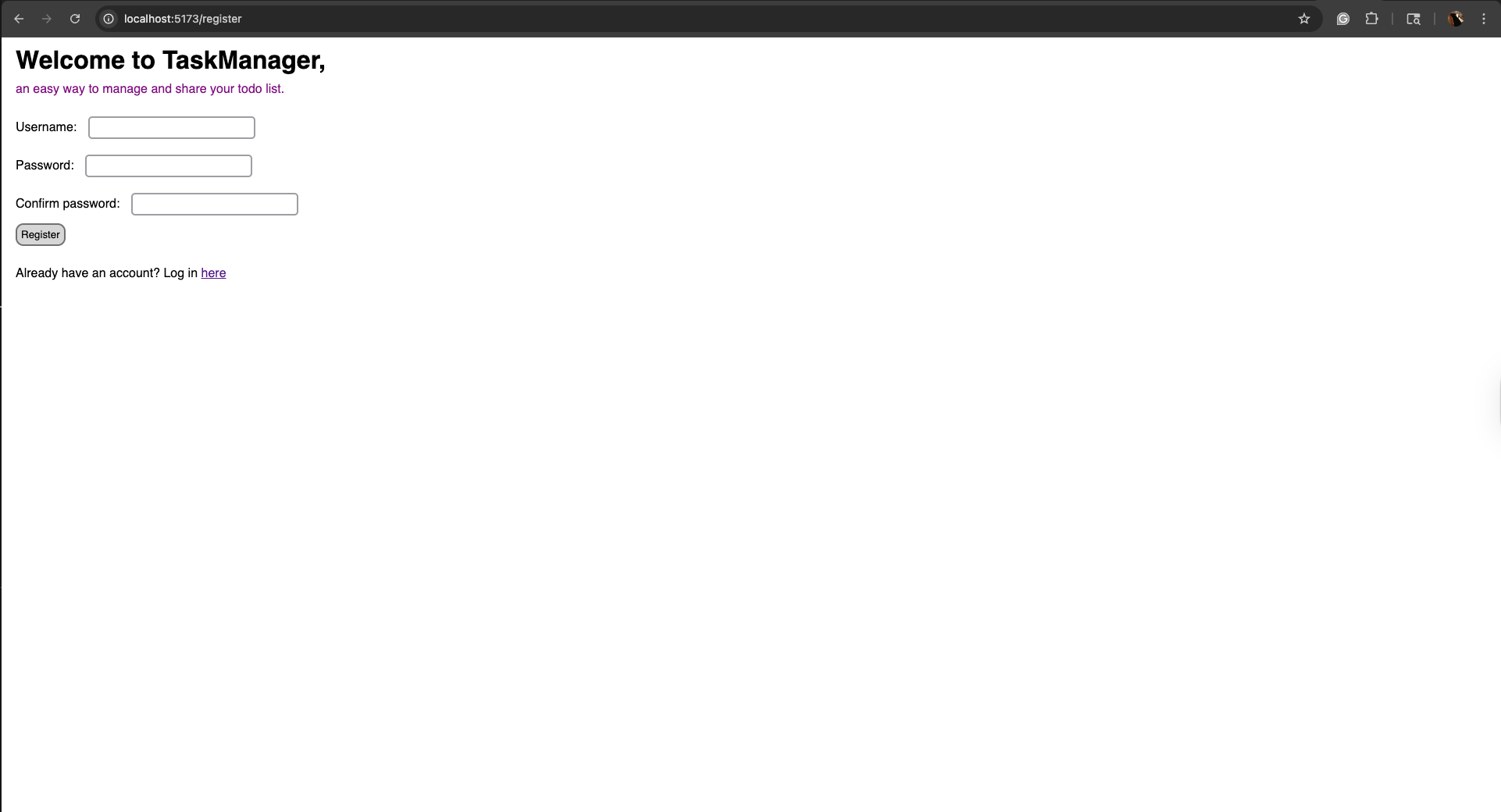A simple registration form with a welcome message, short app description, and form for entering credentials